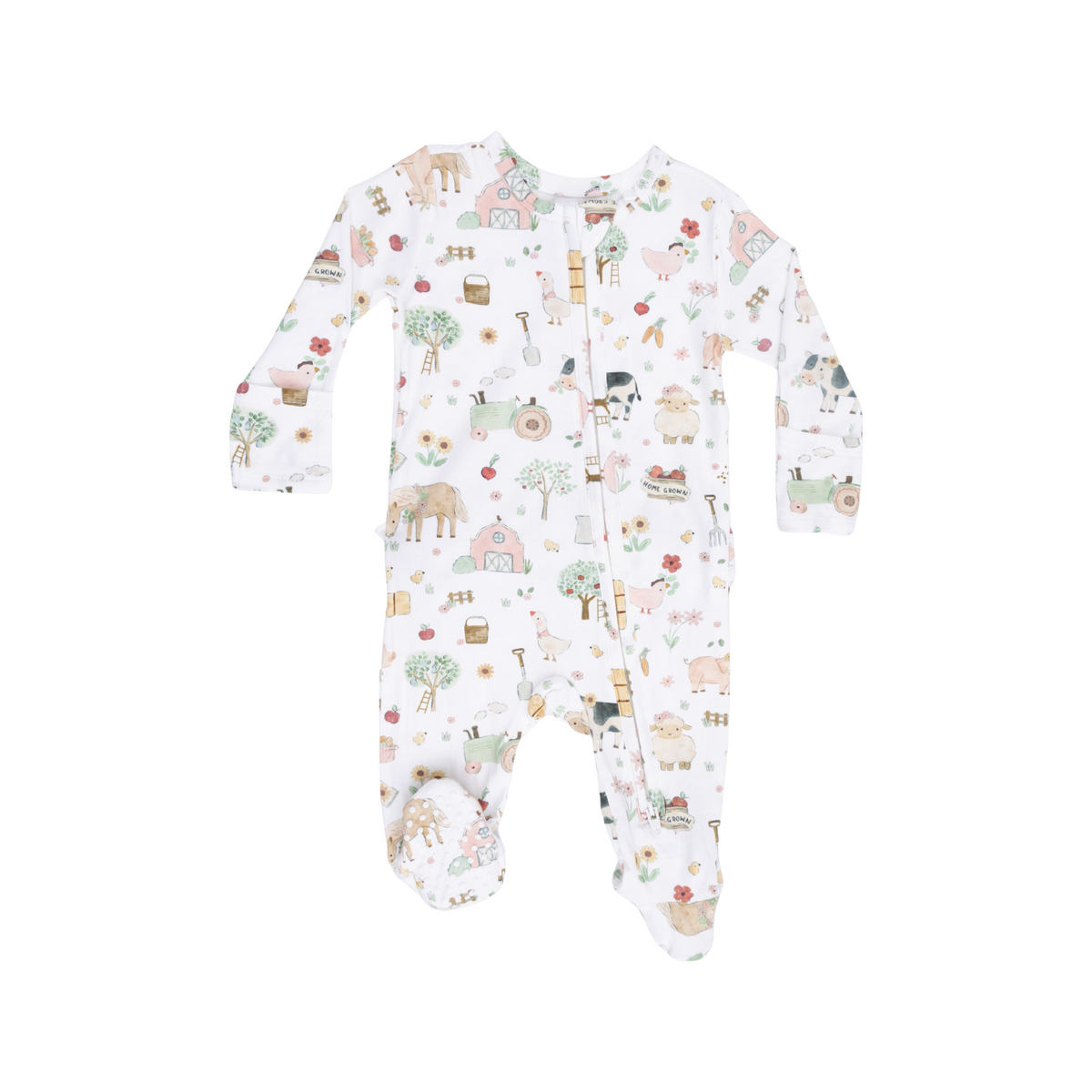 Cute Farm Animals Pink 2-Way Ruffle Zipper Footie
