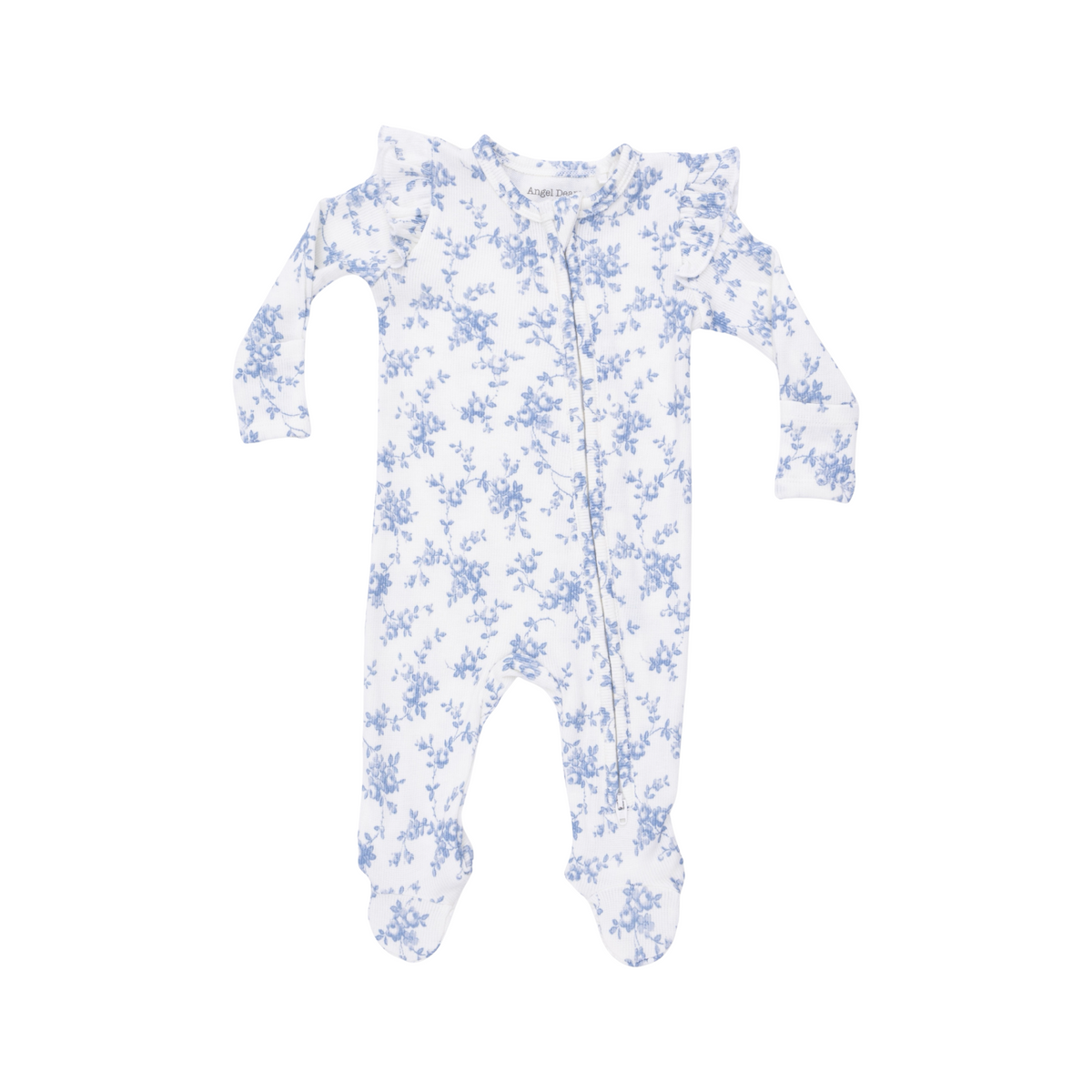 Baby Blue Vines Floral 2-Way Ruffle Sleeve Zipper Footie