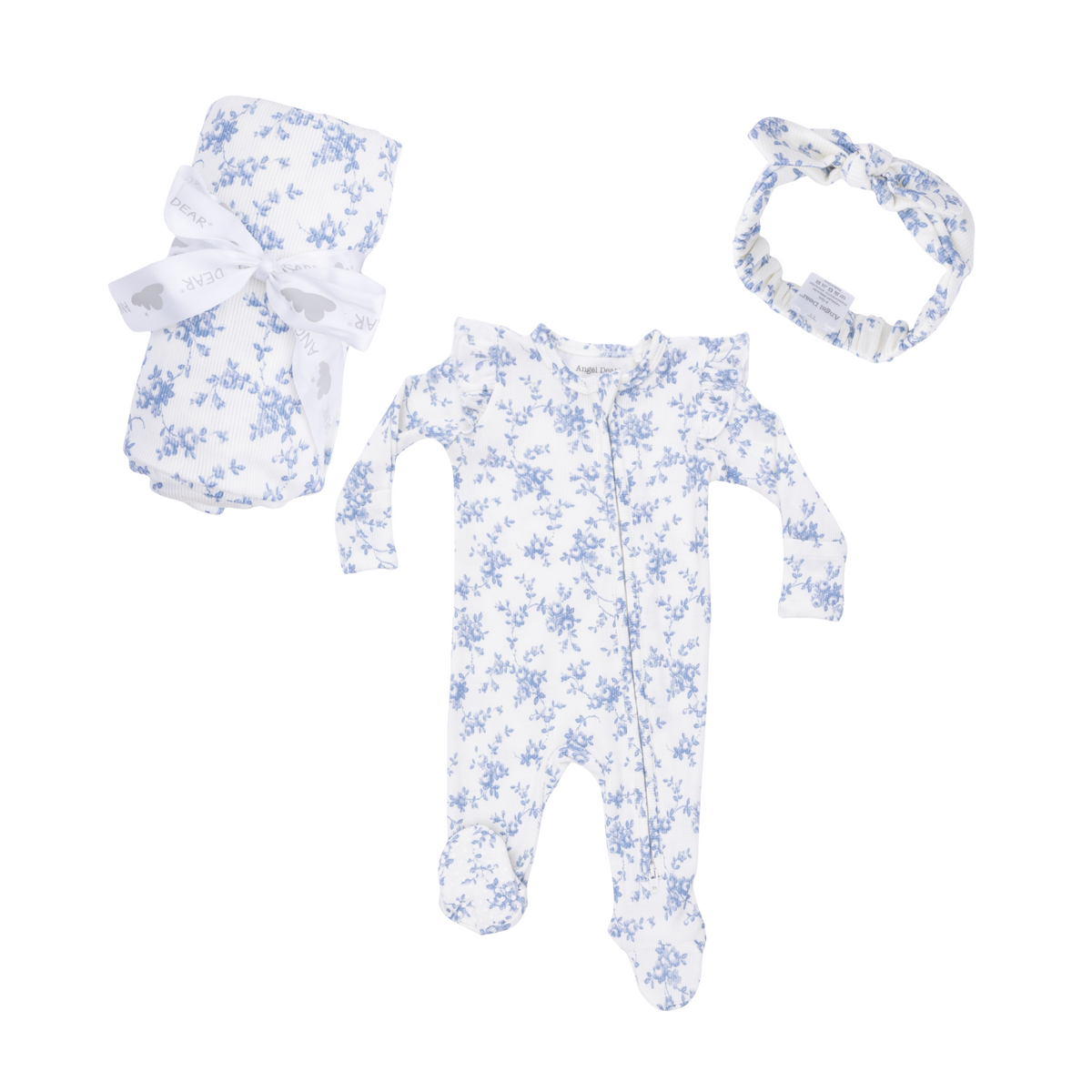 Baby Blue Vines Floral 2-Way Ruffle Sleeve Zipper Footie