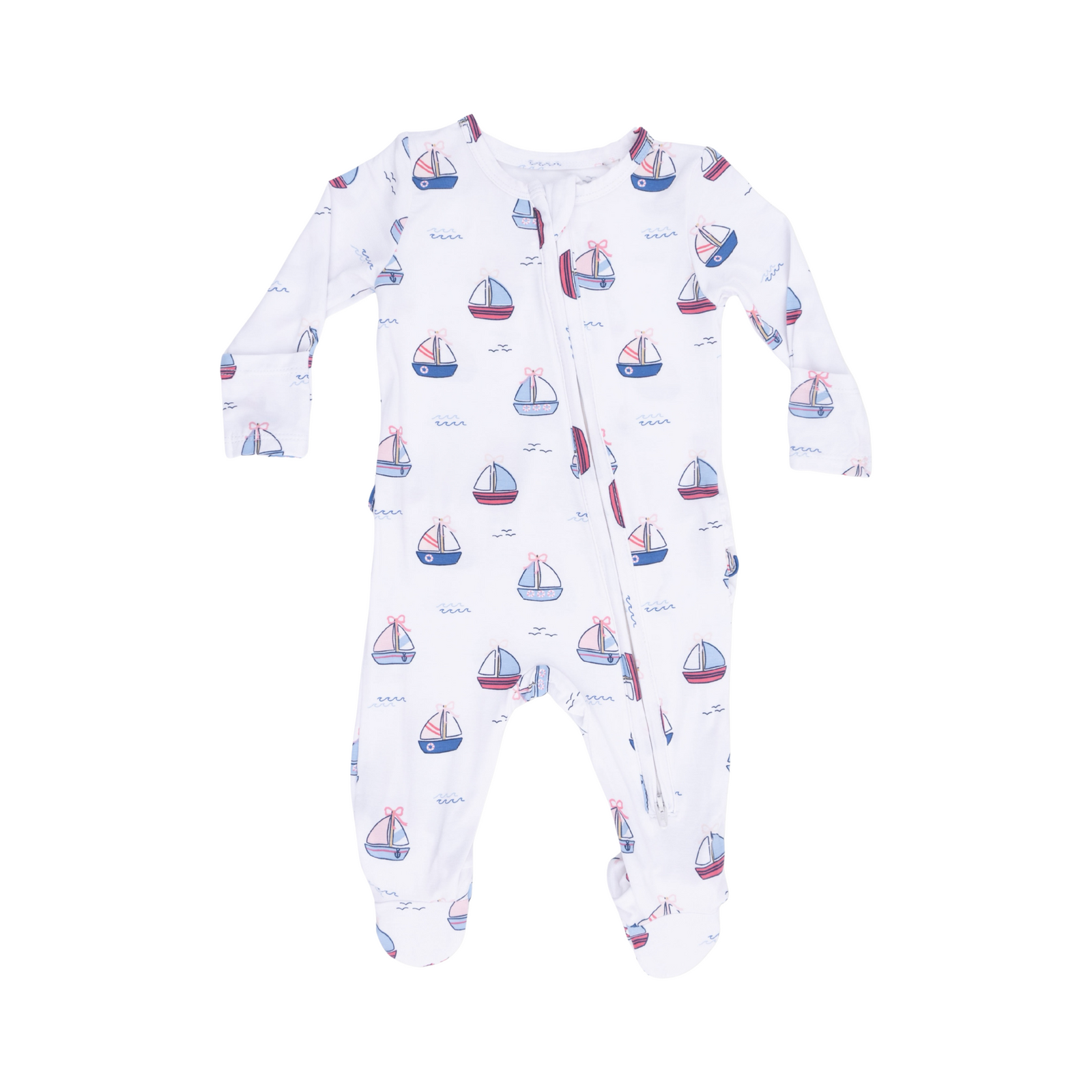 Bubbly Sailboats Pink 2-Way Ruffle Zipper Footie