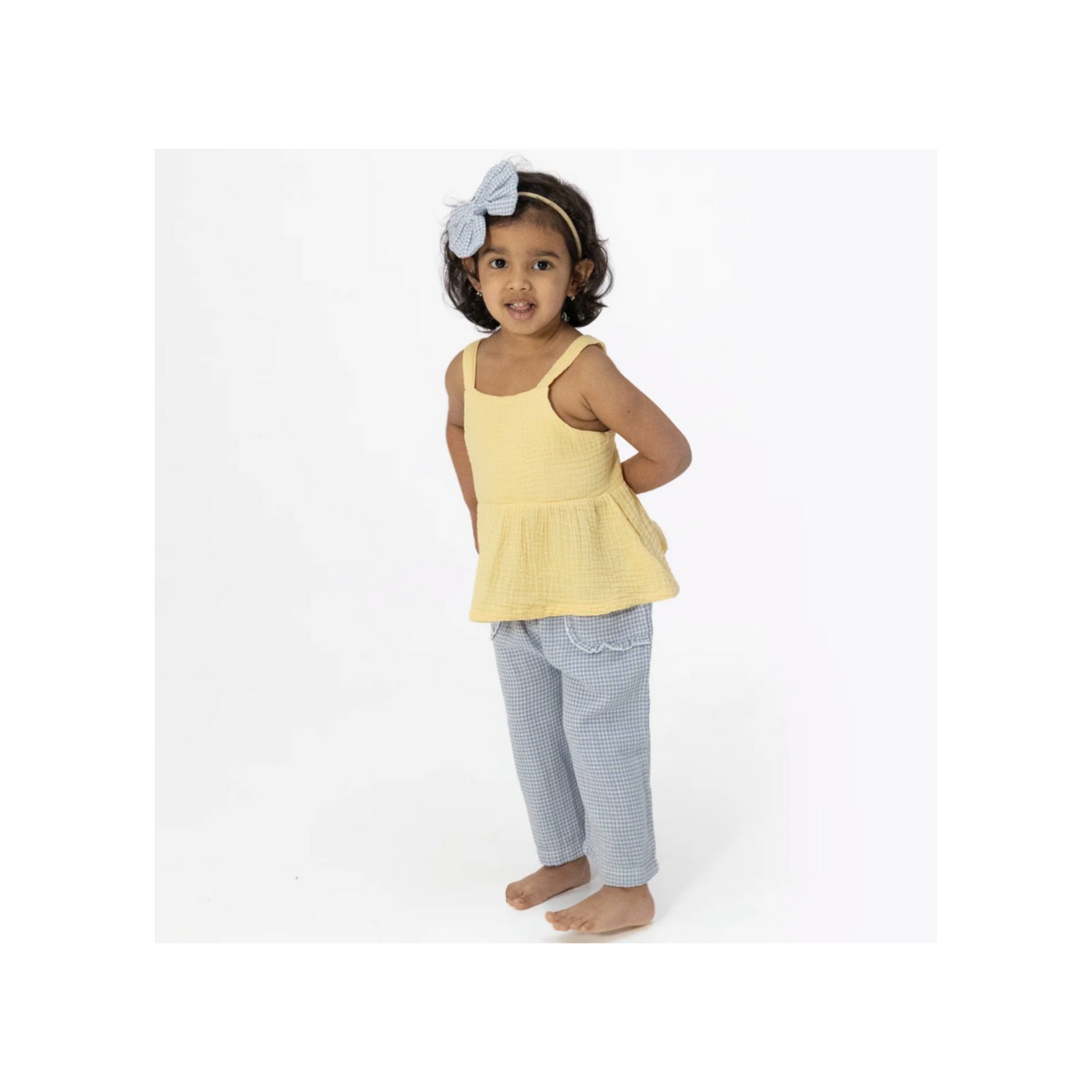 Micro Gingham Peplum Top W/Pant Set