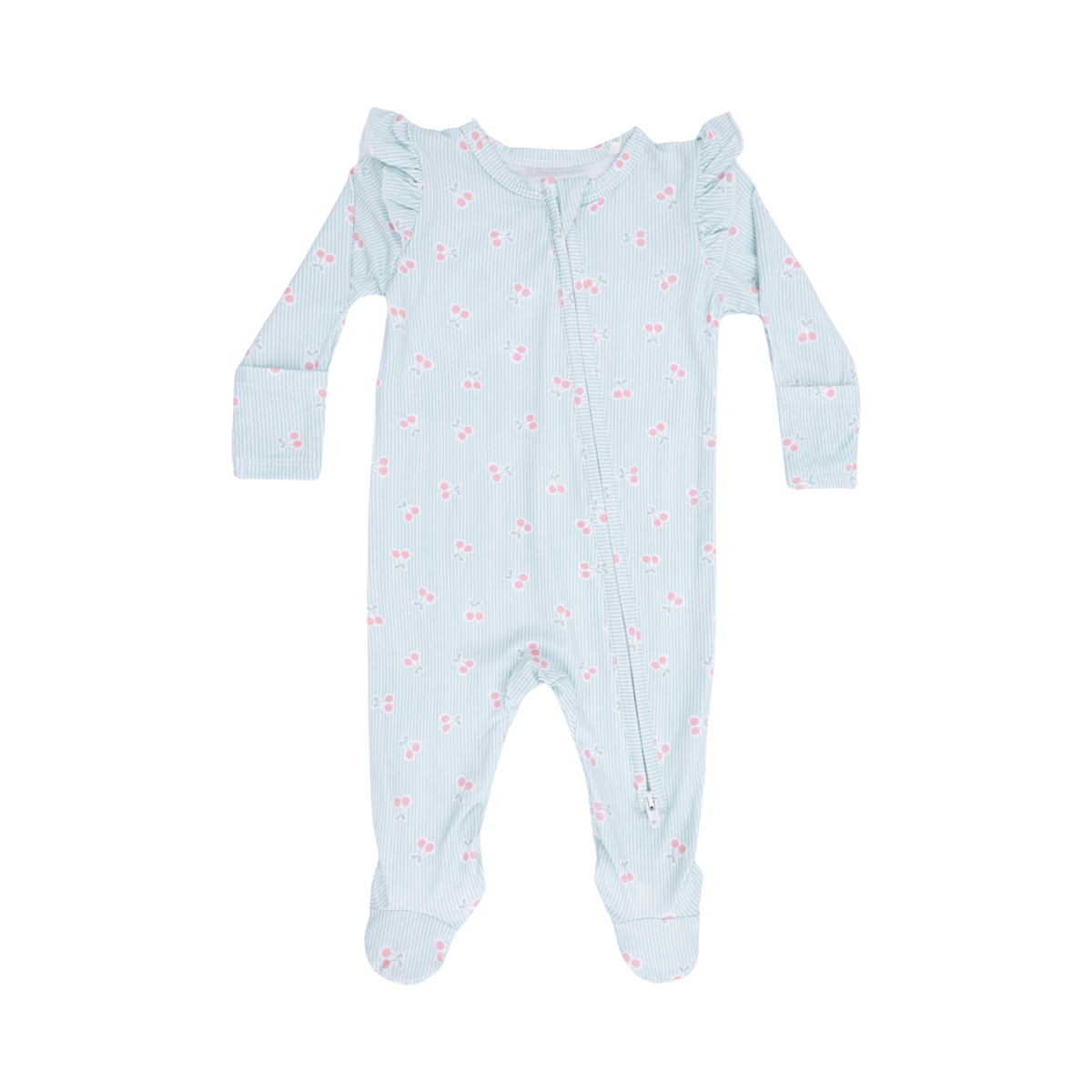 Tiny Cherry Stripe 2-Way Zipper Ruffle Sleeve Footie