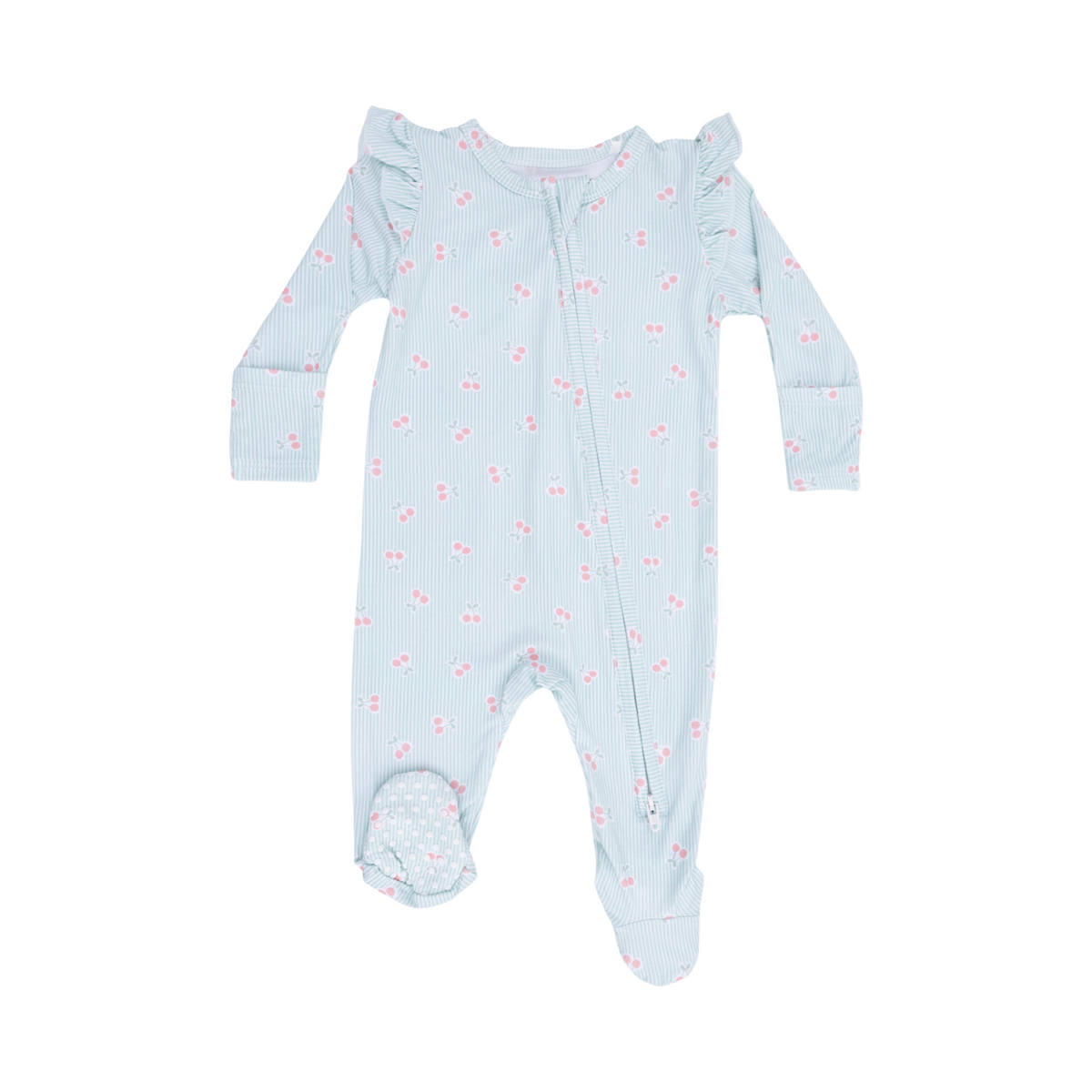 Tiny Cherry Stripe 2-Way Zipper Ruffle Sleeve Footie