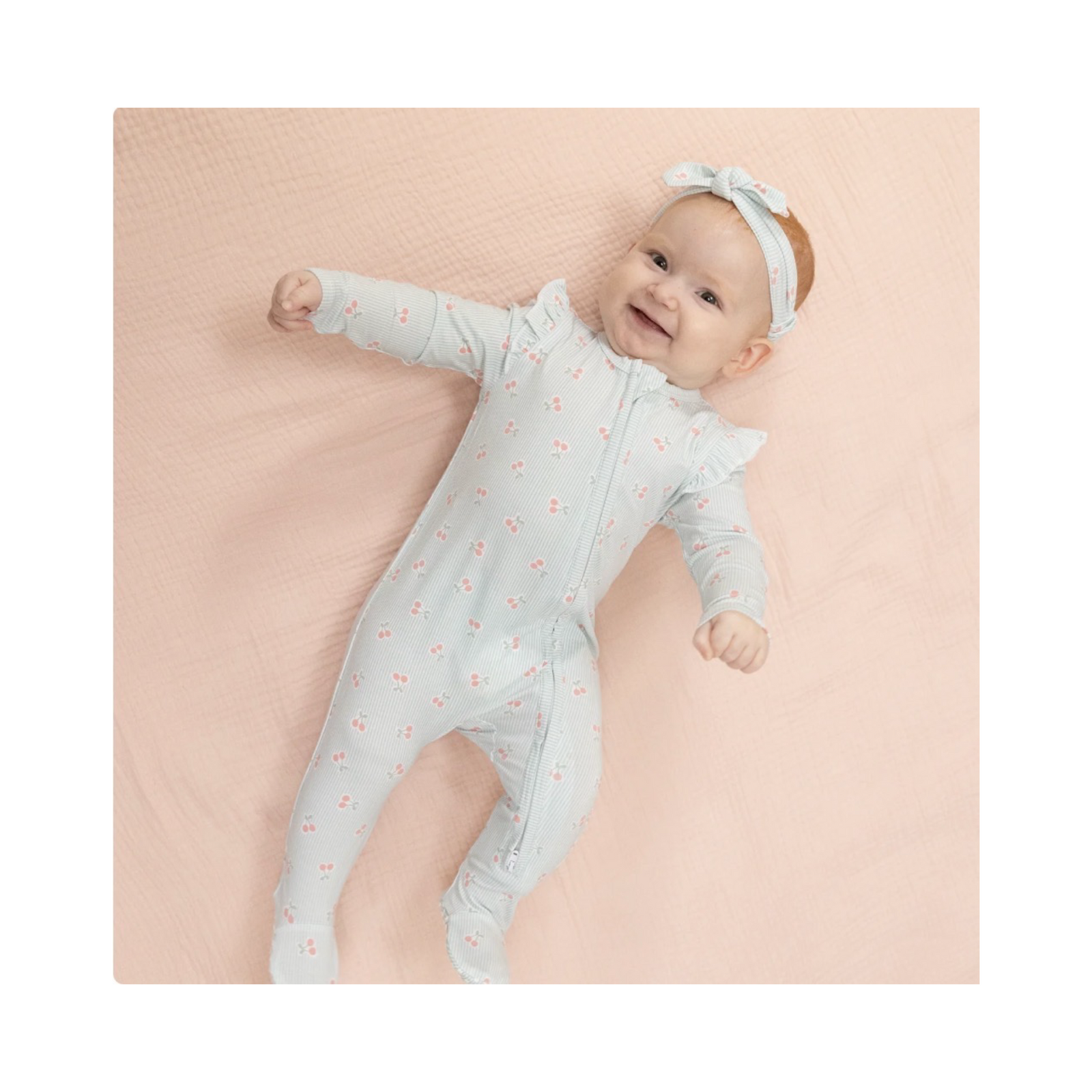 Tiny Cherry Stripe 2-Way Zipper Ruffle Sleeve Footie