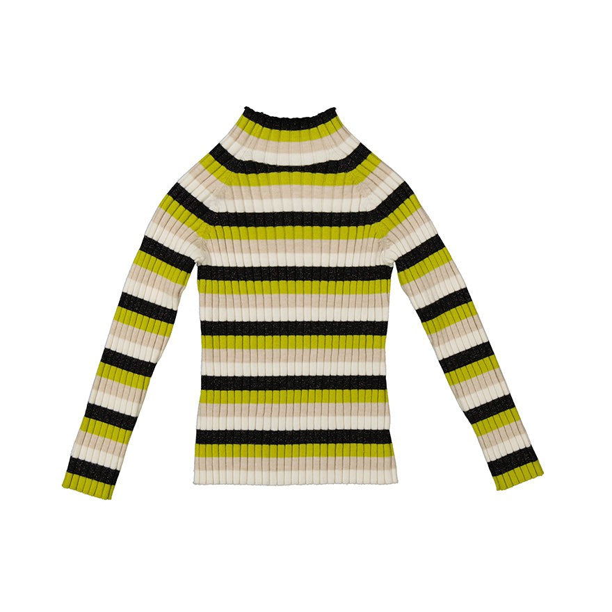 Ribbed Mock Turtleneck Multi-stripe Sweater