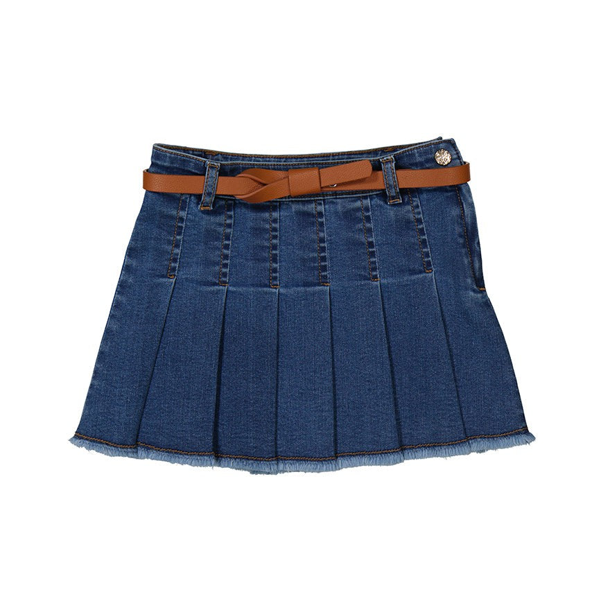 Pleated Denim Girls Skirt with Belt