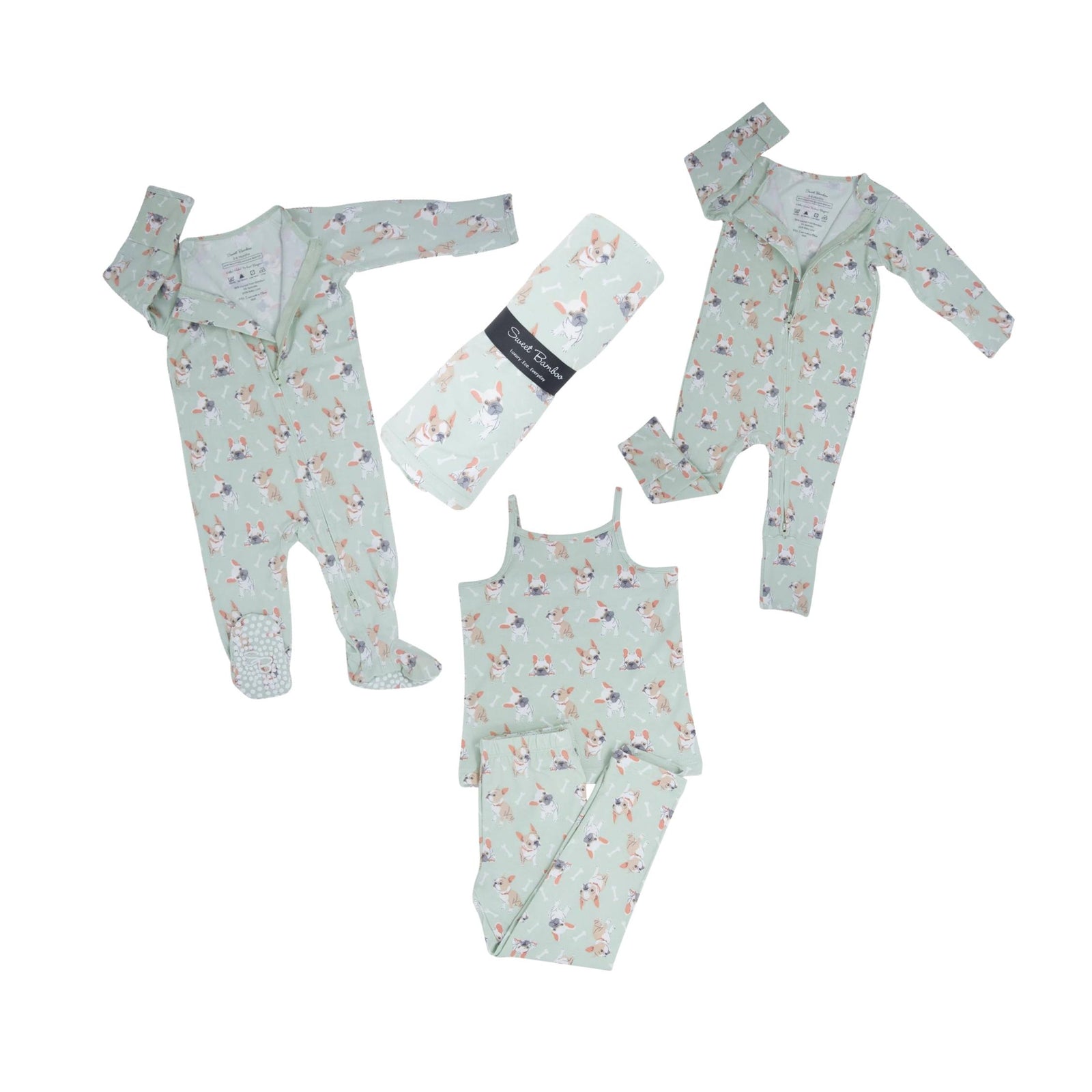 Frenchie Puppy Mint 2-Way Zipper Convertible Romper