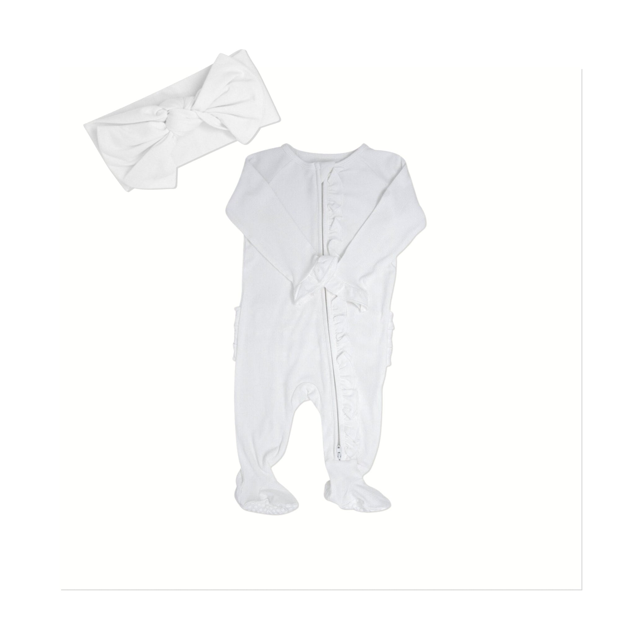 Whispery White Ribbed Ruffle Footie