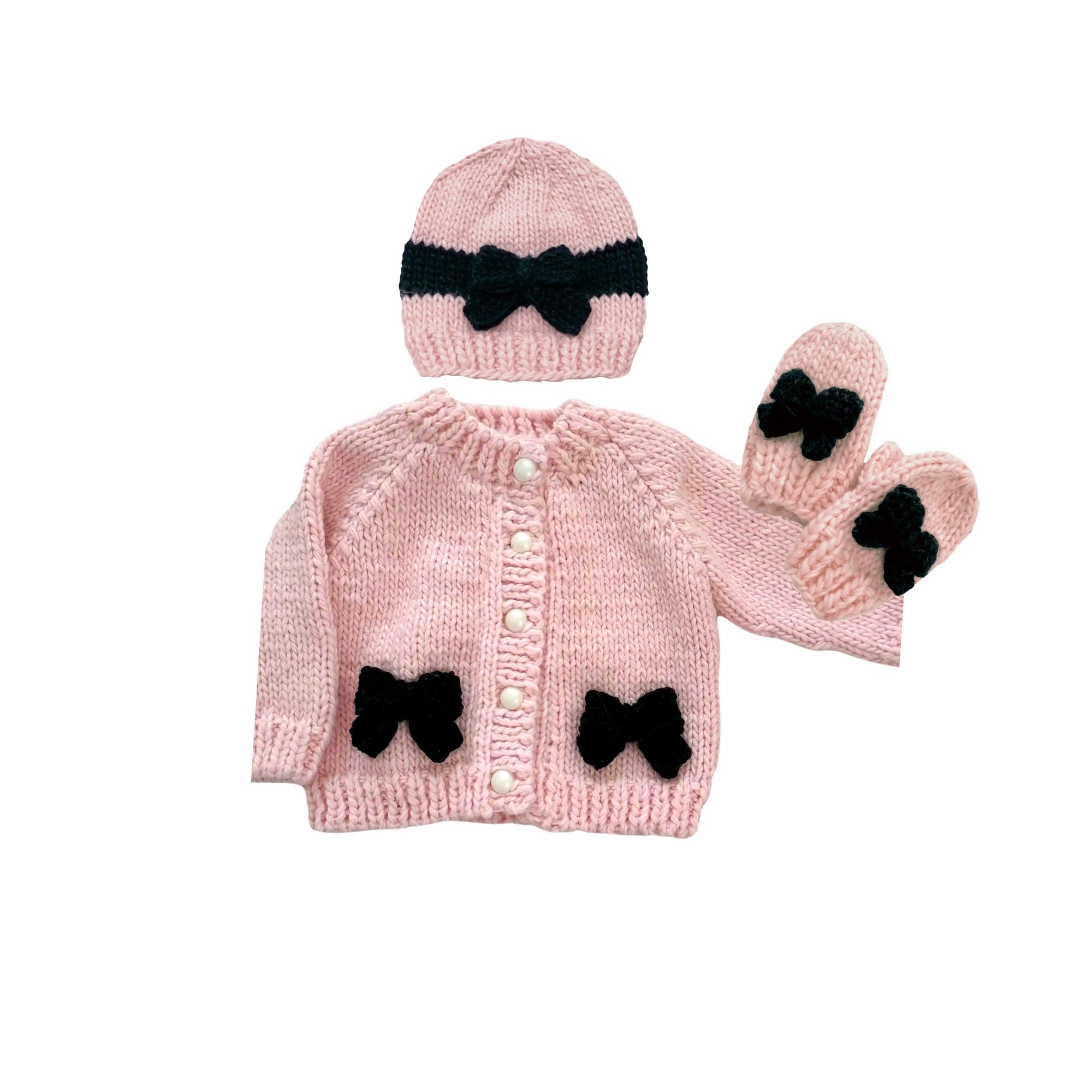 Hand-Knit Black Bow Pink Cardigan