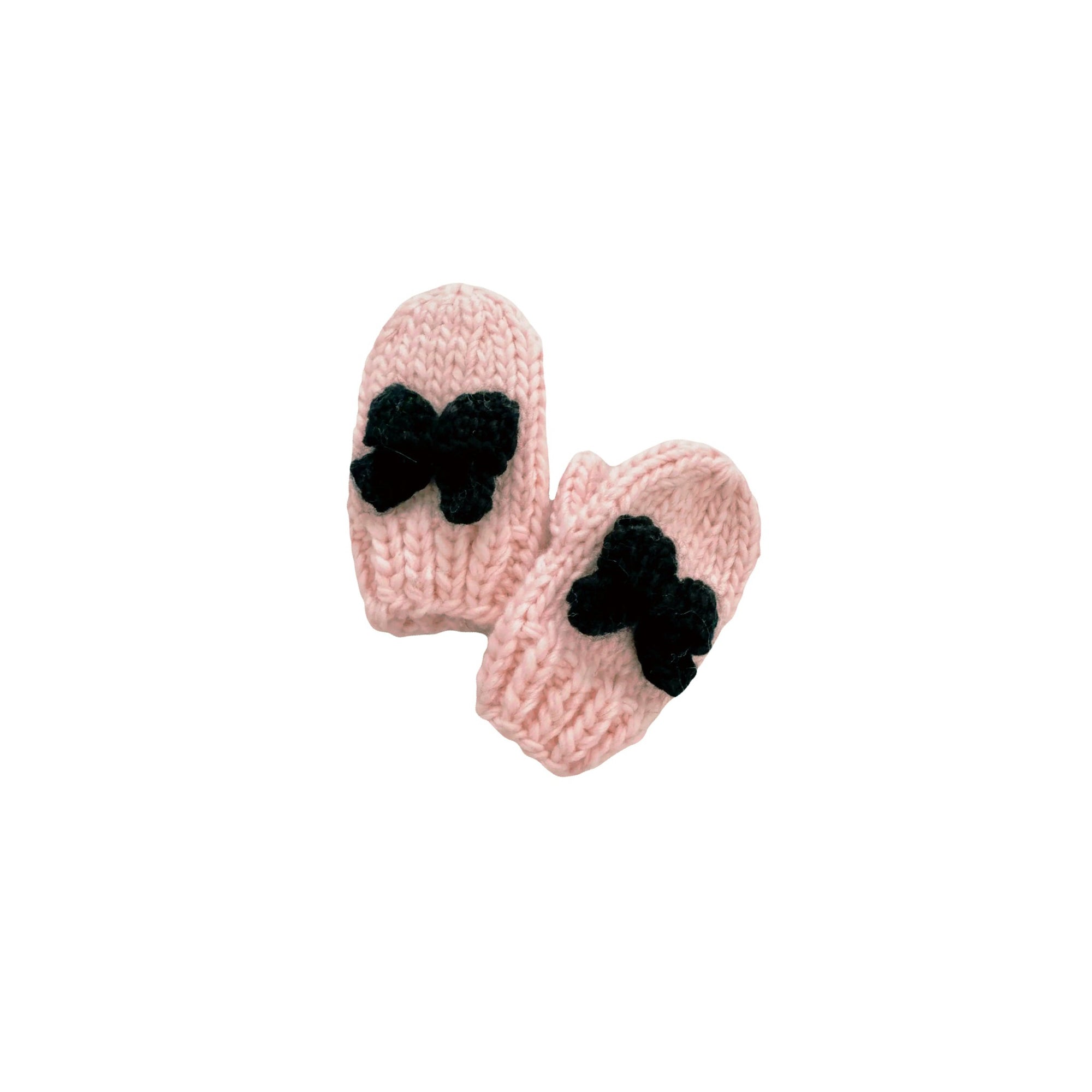 Hand-Knit Black Bow Pink Mittens