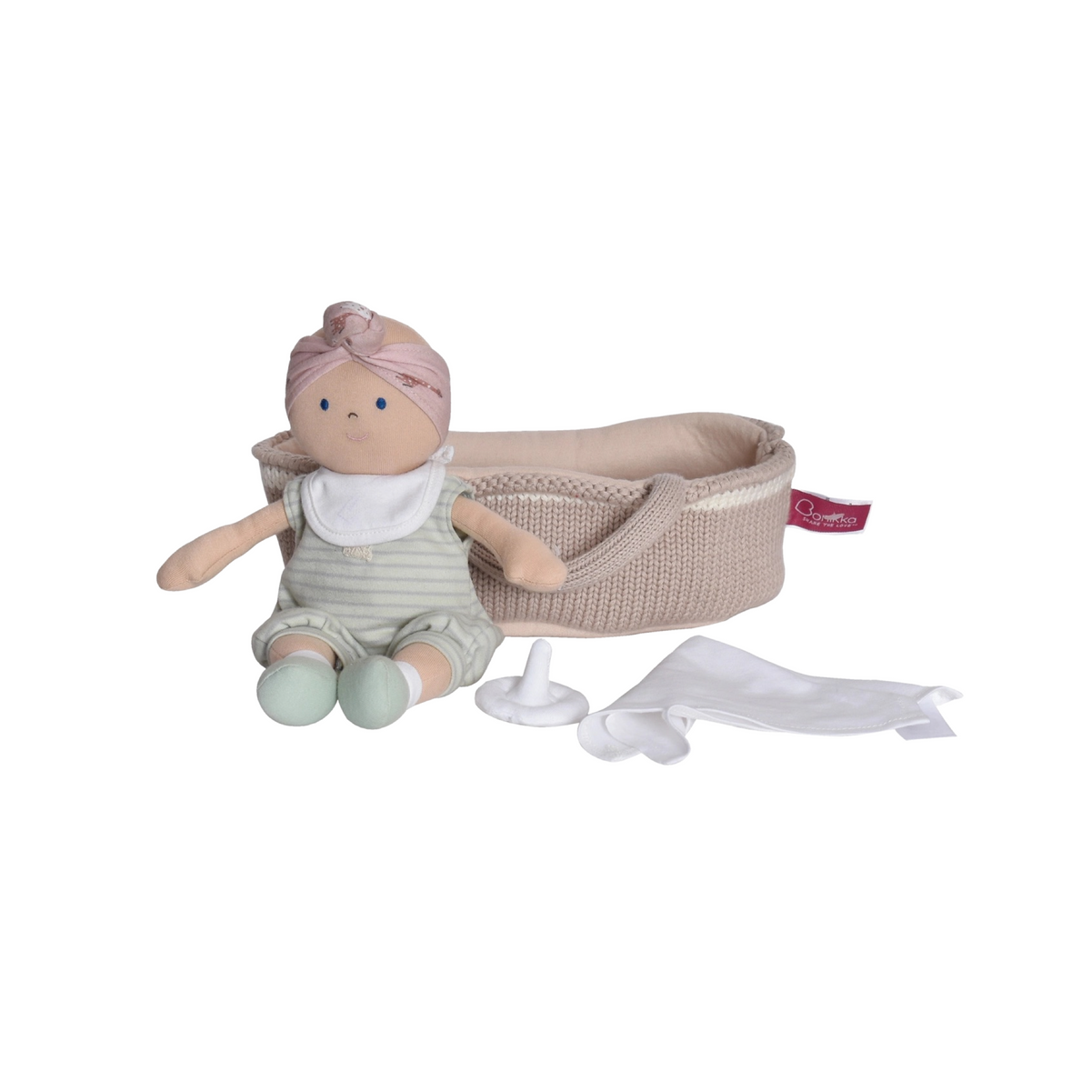 Knitted Carry Cot With Baby Remi With Soother &amp; Bottle