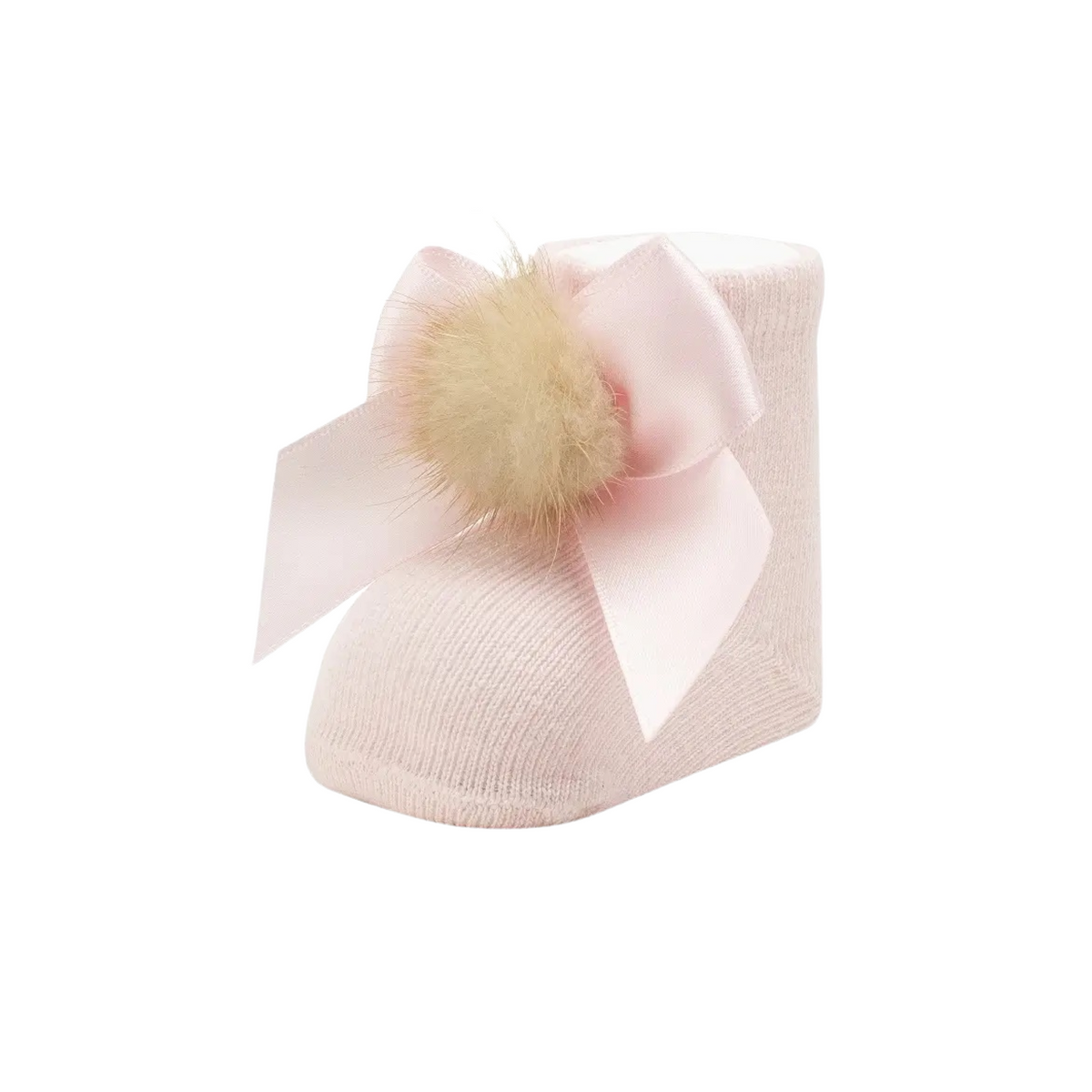 Newborn Socks With Bow And Fur Soft Pink