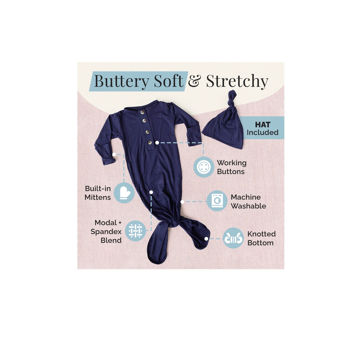 Navy Blue Knotted Newborn Gown &amp; Hat Set