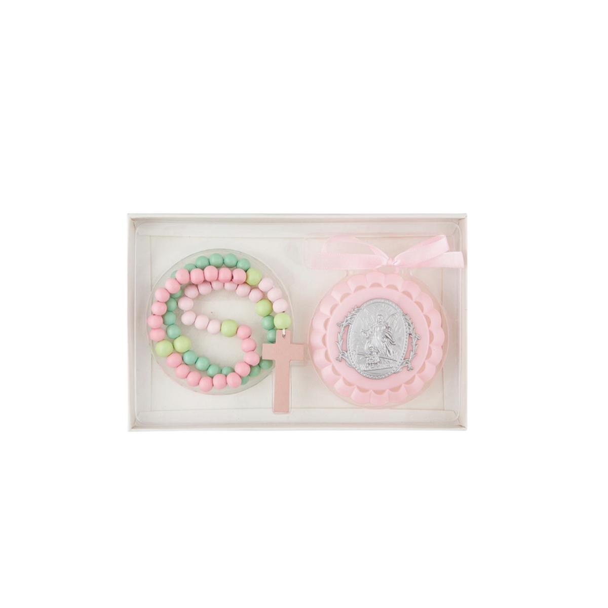 Pink Angel Crib Medal And Rosary Set