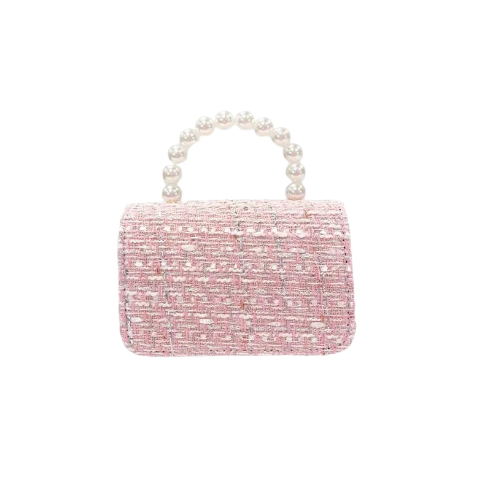 Pom Pom & Pearl Bow Pink Tweed Purse