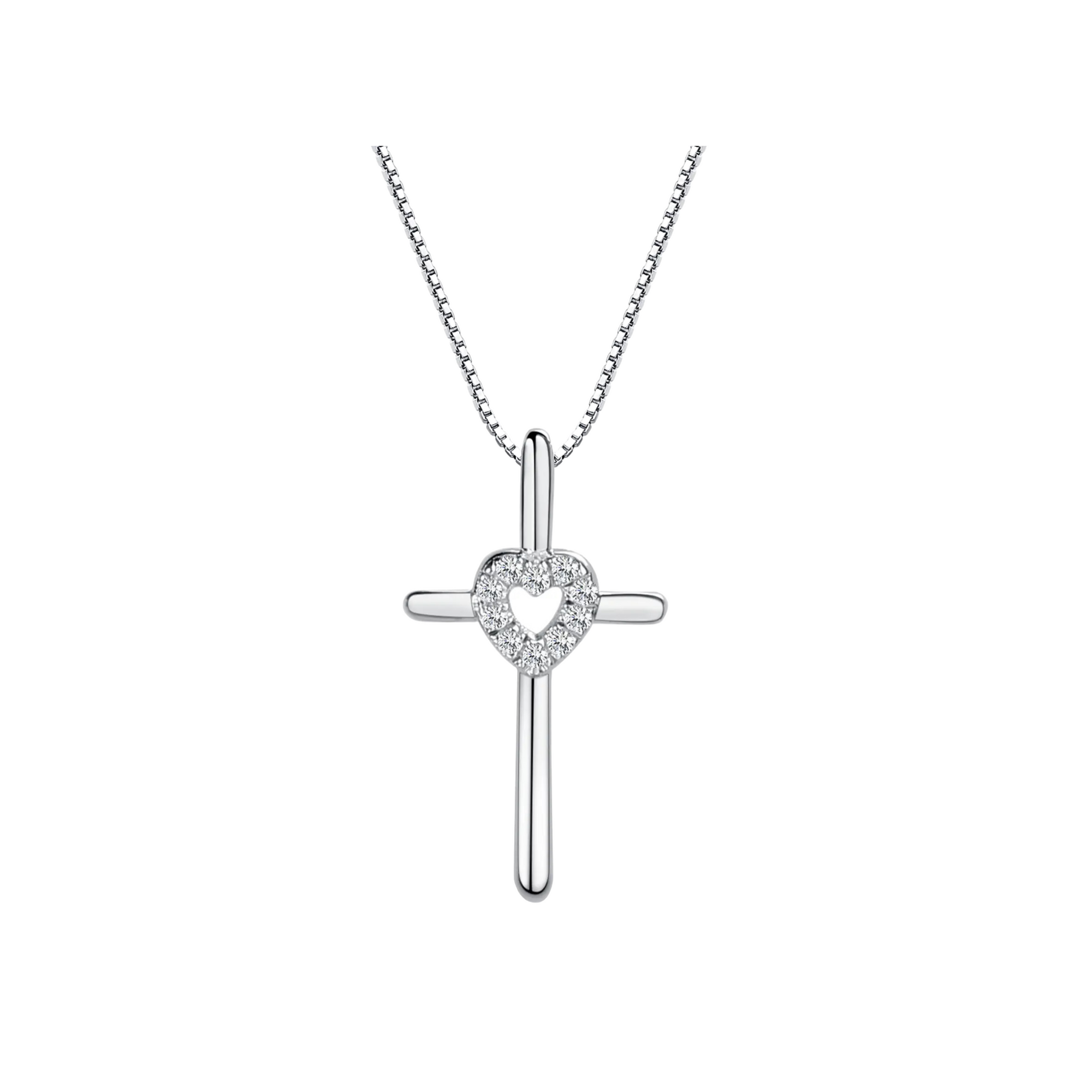 Sterling Silver Cross Necklace with CZ Heart